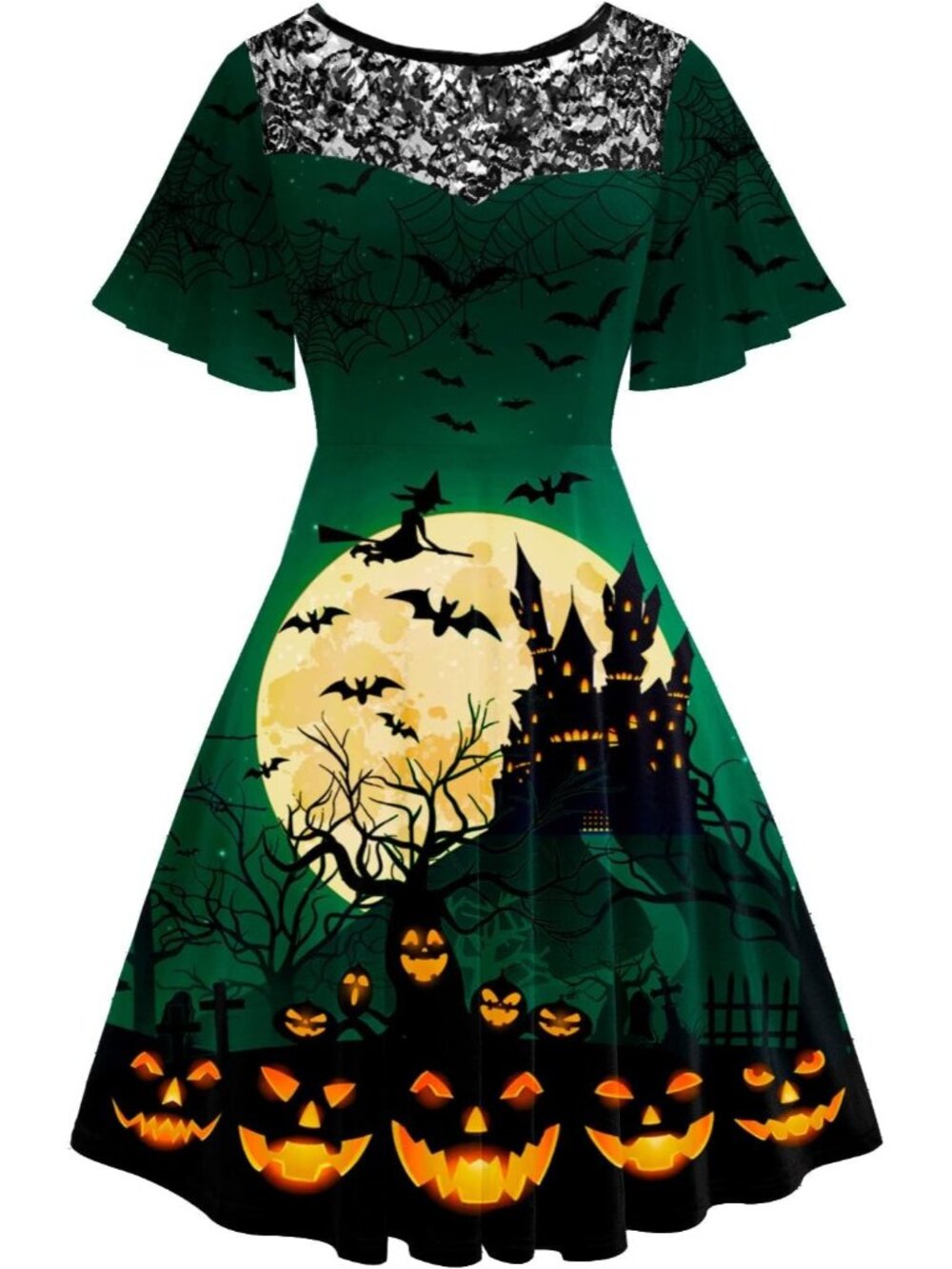 Women's Castle Green Halloween Dress Lace Flutter Sleeve A-Line Party Dresses